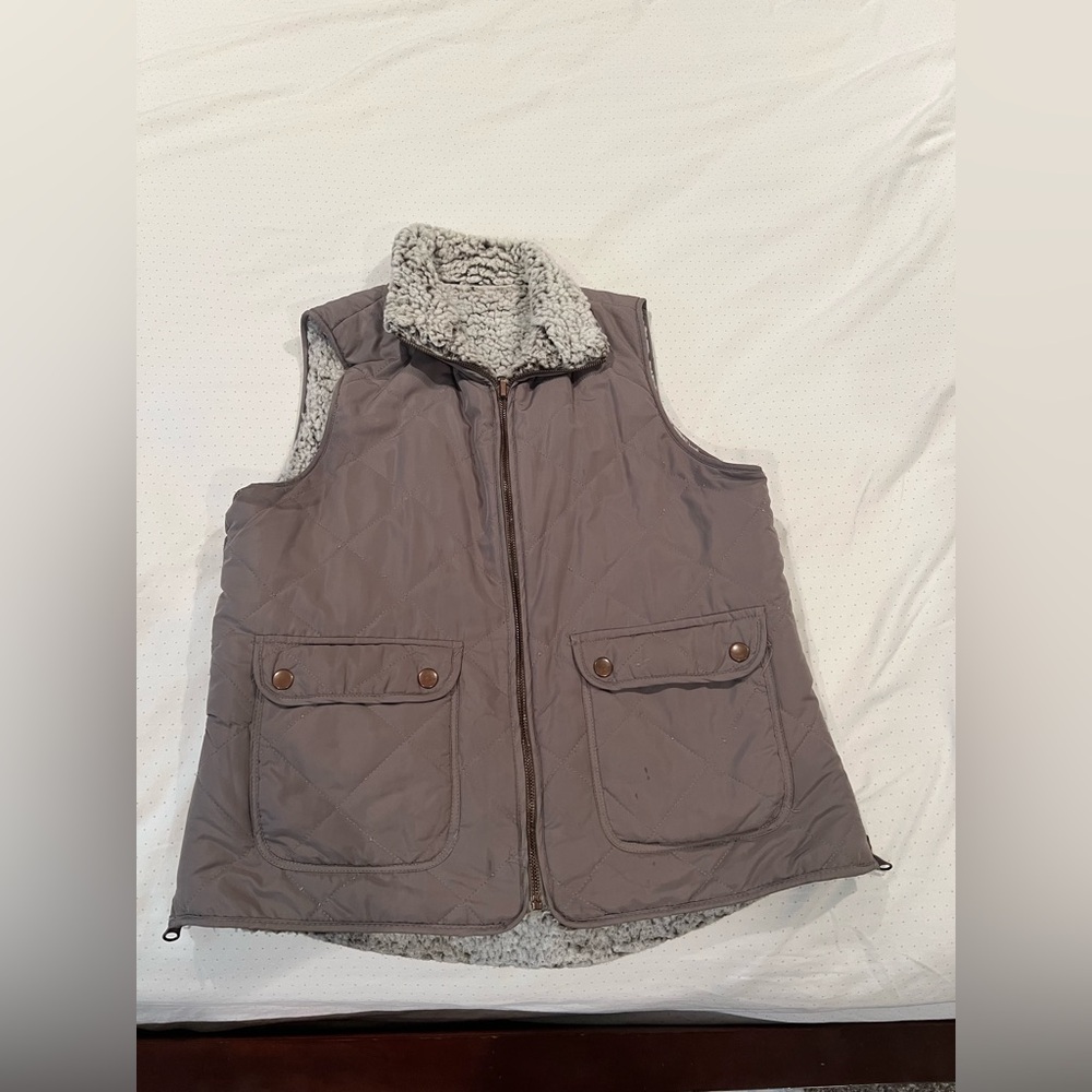 Gray Quilted Vest with Sherpa Lining REVERSIBLE